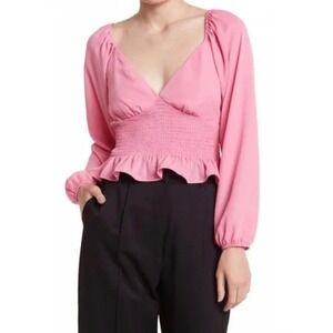 WAYF Smocked Peplum Blouse Women's Size Small Pink Cropped Long Sleeve V-Neck